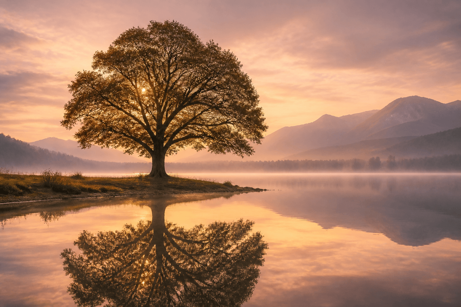 Árvore refletida em um lago ao entardecer